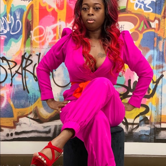 Hot Pink Long Balloon Sleeve V-neck Pant Jumpsuit - Picture 2 of 4